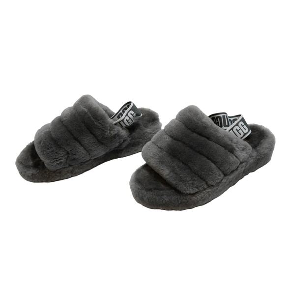 NEW UGG FLUFF YEAH SLIDES SLIPPERS SHEEPSKIN GRAY 1095119 WOMANS SIZE - 6 - Picture 1 of 7